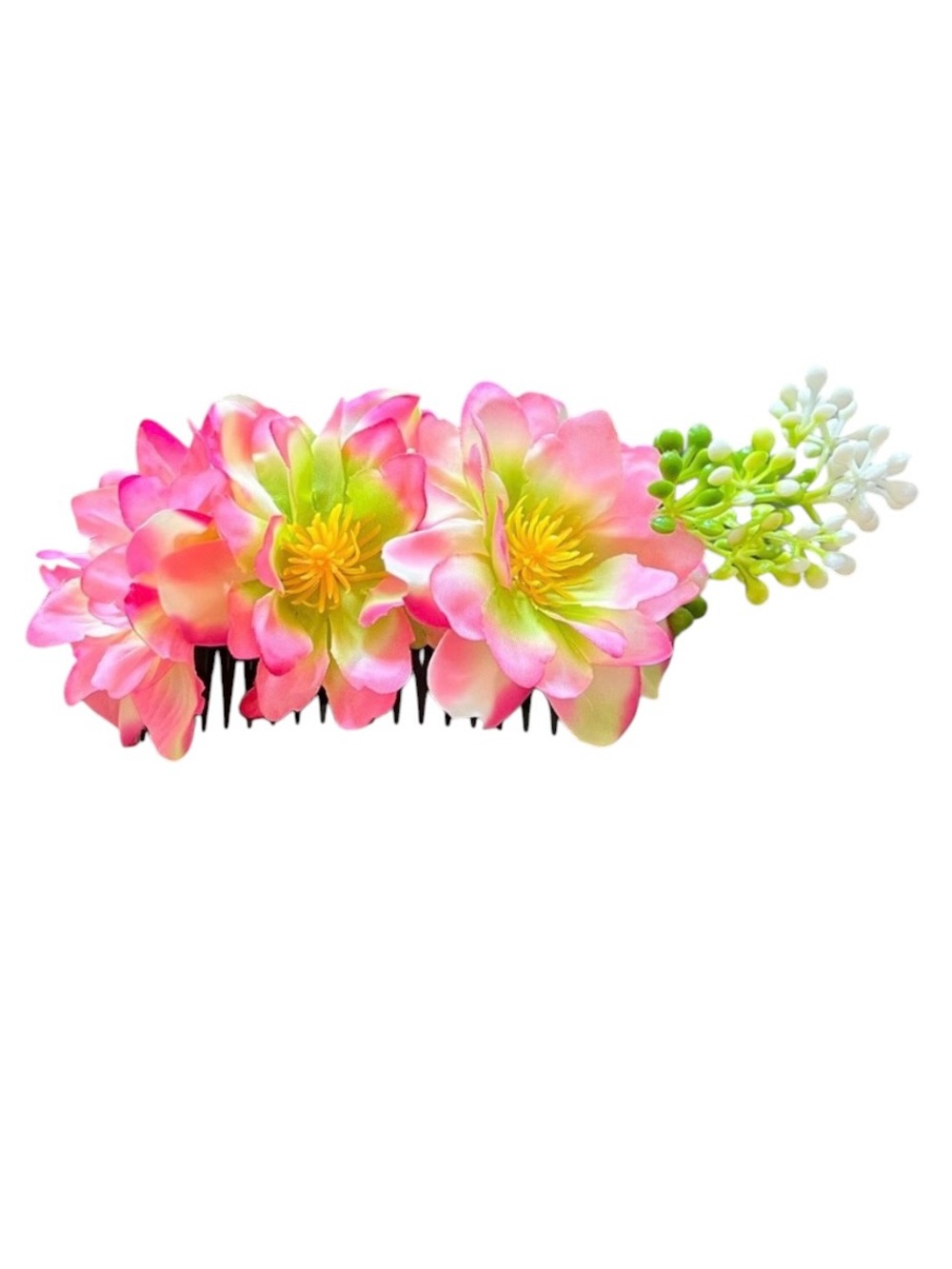 Hot Pink Barbiecore Floral White Wild Flower Spray Hawaiian Tiki 6" Hair Comb